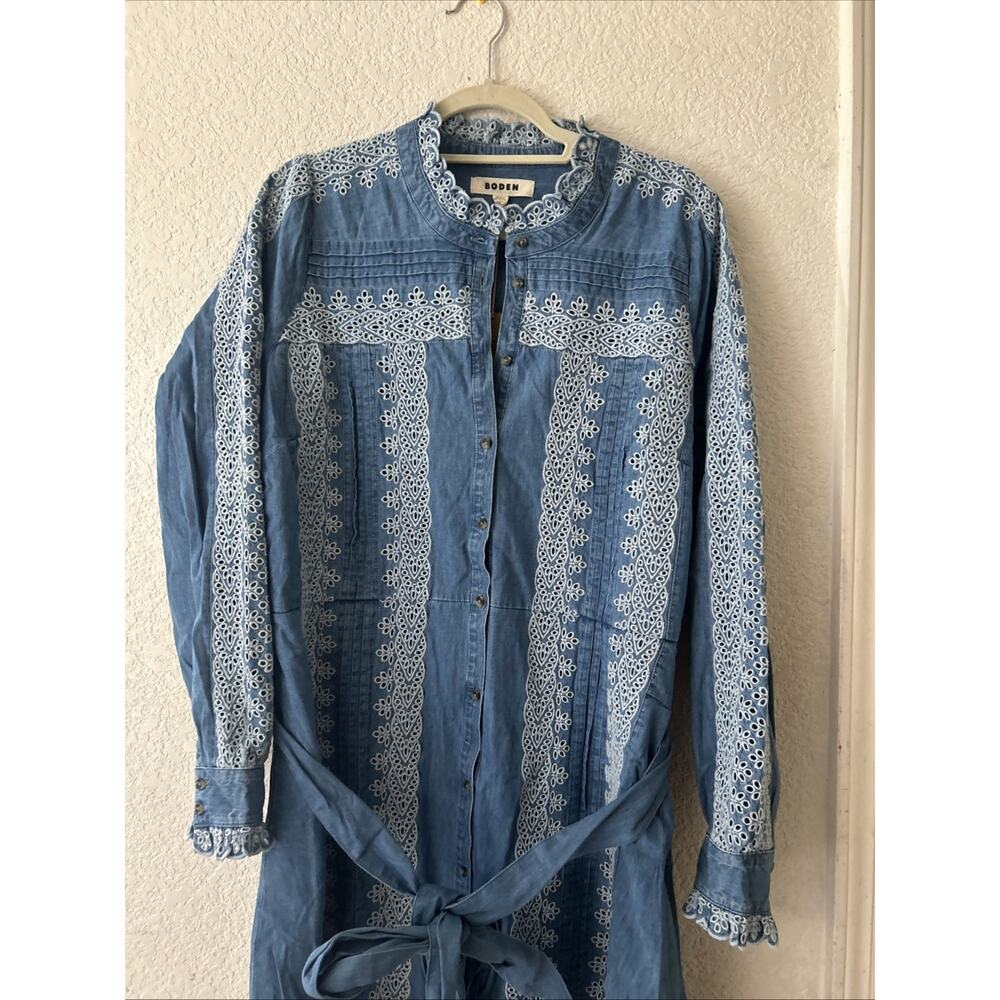 Boden Ruffle Placket Chambray Dress Light Blue Chambray Size 16-18 NWT - Picture 4 of 12